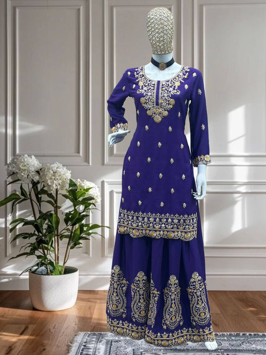 MODERN CHINON EMBROIDERY SEQUENCE CODING DESIGN WORK TOP PALAZZO WITH DUPATTA IN XL
