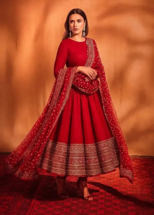 FASHIONABLE CHINON SILK SEQUENCE EMBROIDERY WORK GOWN BOTTOM WITH DUPATTA RED