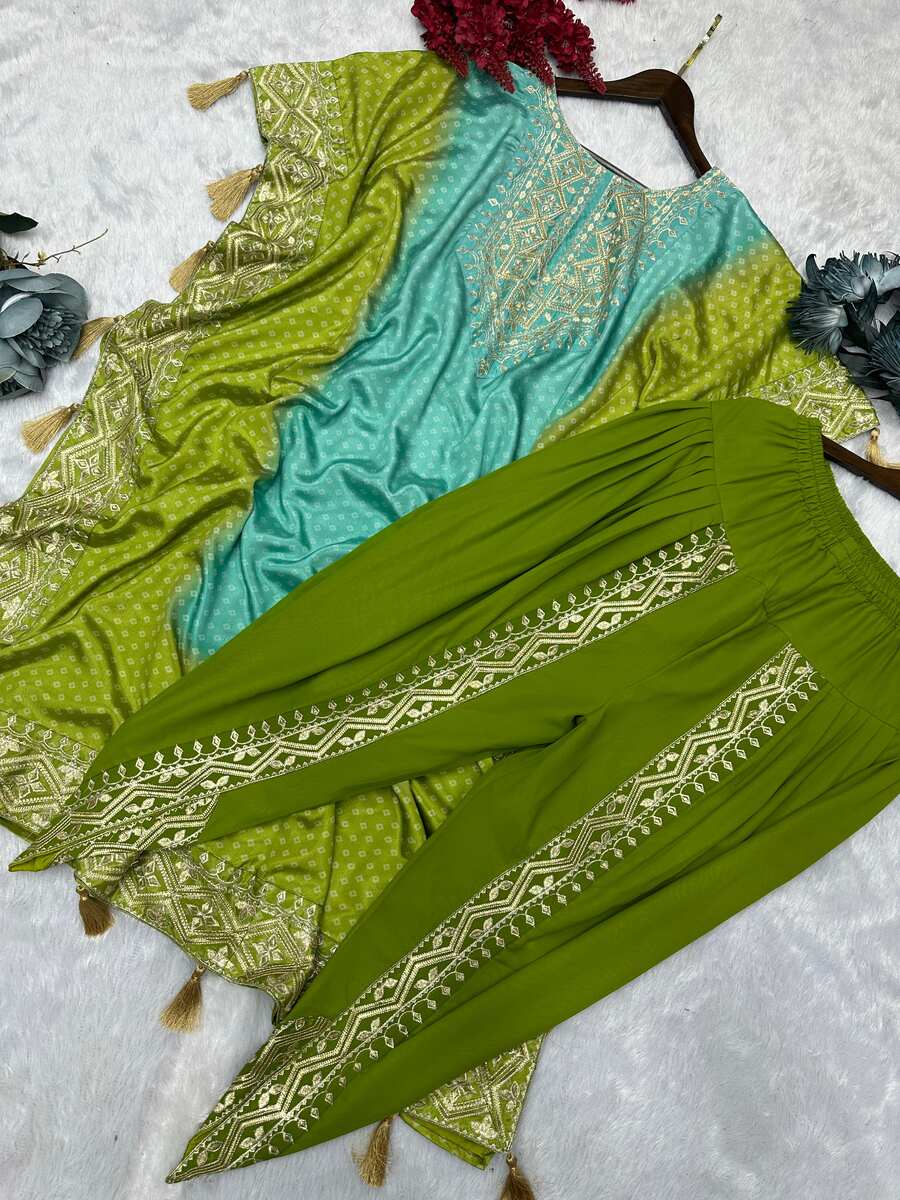 TRENDING CHINON SILK EMBROIDERY DIGITAL PRINTED KAFTAN WITH DHOTI PARROT