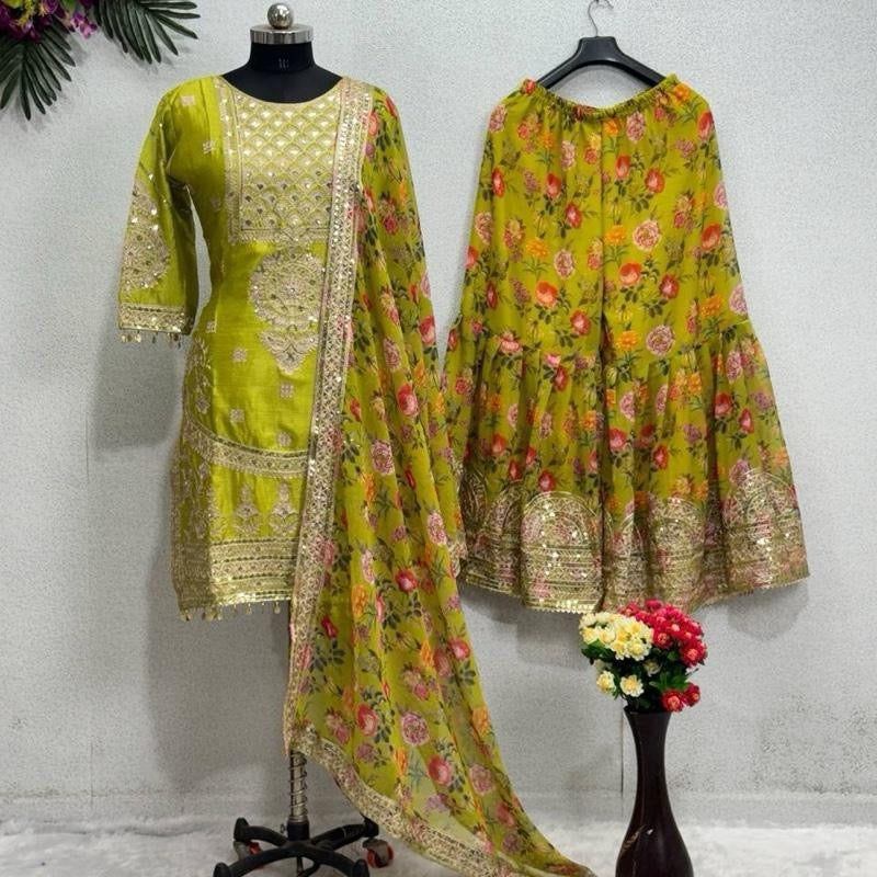 FASHIONABLE CHINON SILK CHINE SEQUENCE WORK TOP SHARARA WITH DUPATTA