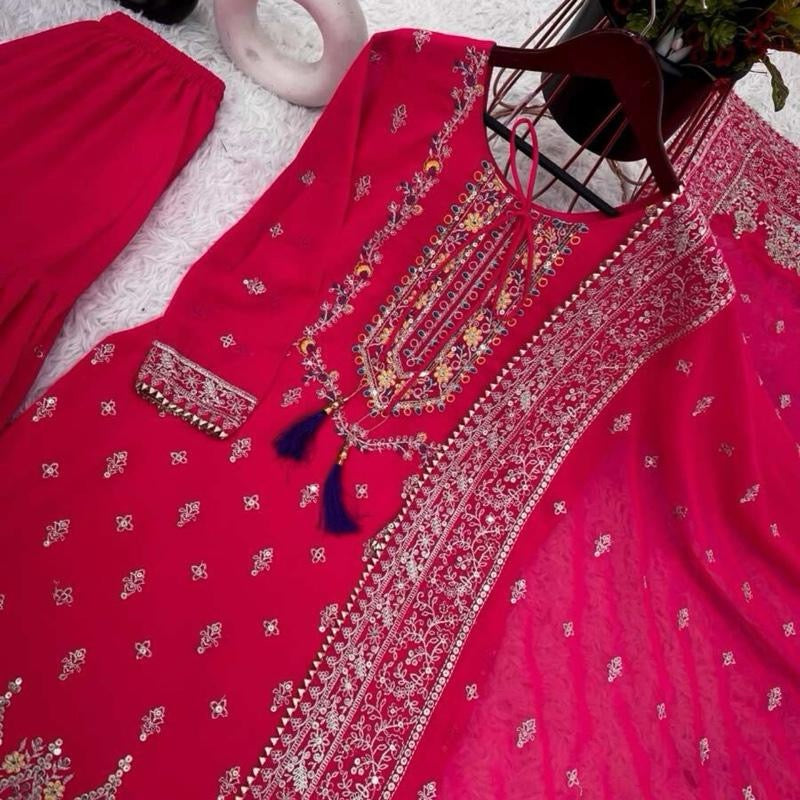 FASHIONABLE CHINON SILK EMBROIDREY SEQUENCE WORK TOP SHARARA WITH DUPATTA