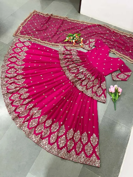 FANCY DESIGNER LEHENGA TOP EMBROIDERY WORK WEDDING WORK PINK