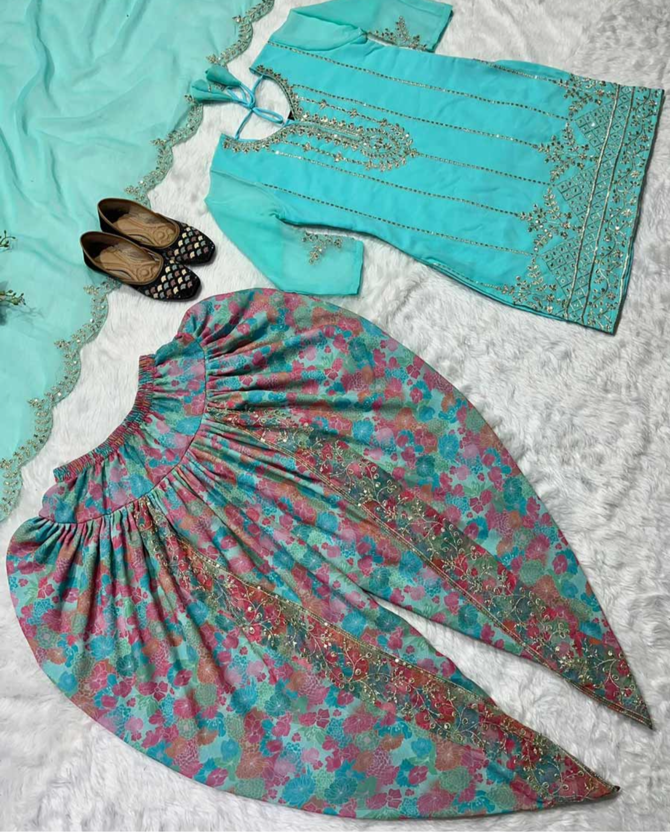 PARTY WEAR GEORGETTE SEQUENCE EMBROIDERY WORK TOP DHOTI WITH DUPATTA