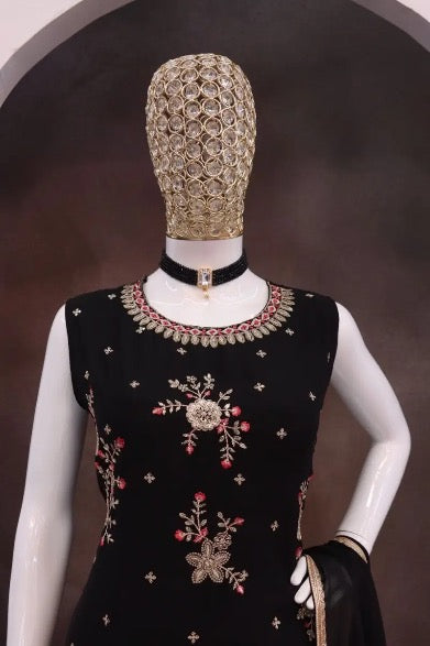 RICH LOOK GEORGETTE EMBROIDERY SEQUENCE WORK TOP PALAZZO WITH DUPATTA BLACK