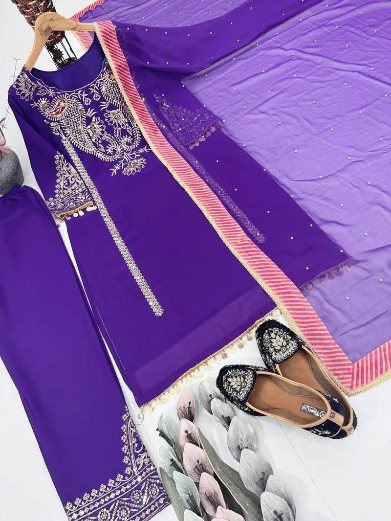 FANCY GEORGETTE EMBROIDERY SEQUENCE WORK WITH FANCY LACE BORDER WORK TOP BOTTOM WITH DUPATTA PUPRLE