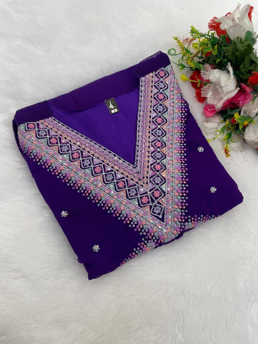 TRENDING GEORGETTE EMBROIDERY SEQUENCE WORK ALIA CUT TOP BOTTOM WITH DUPATTA PURPLE