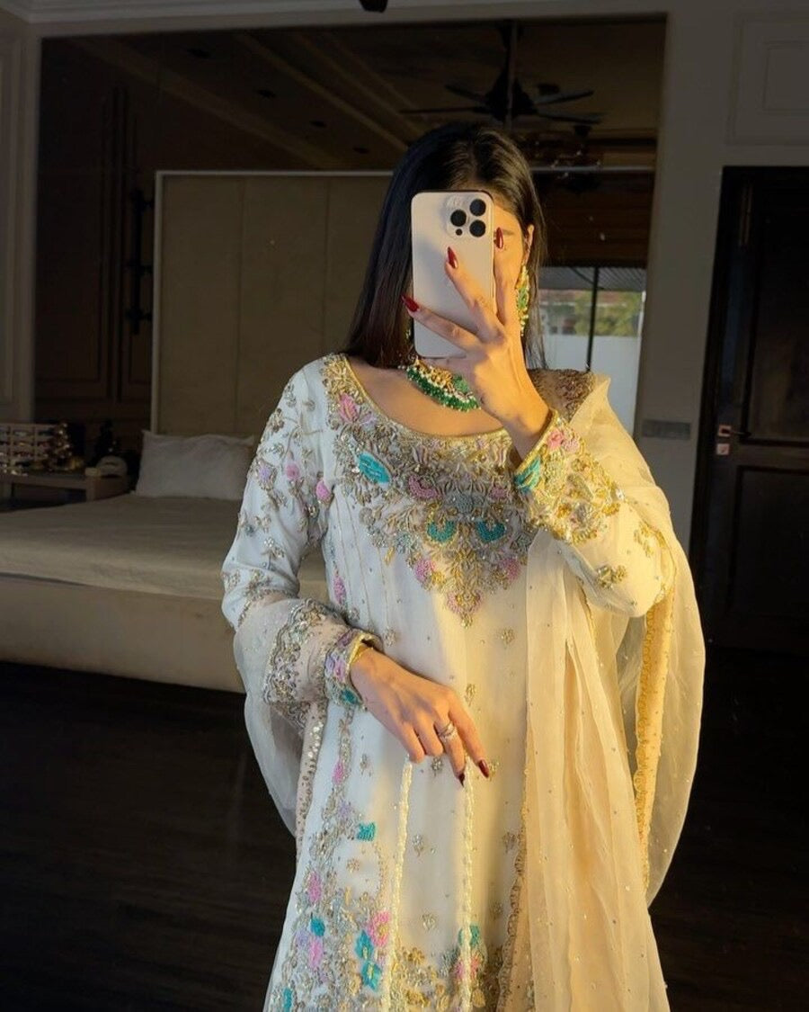 DESIGNER GEORGETTE SEQUENCE THREAD EMBROIDERY WOTK TOP SHARARA WITH DUPATTA OFF WHITE