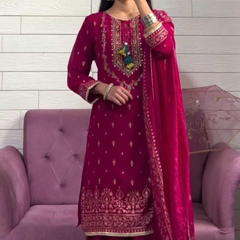 FASHIONABLE CHINON SILK EMBROIDREY SEQUENCE WORK TOP SHARARA WITH DUPATTA