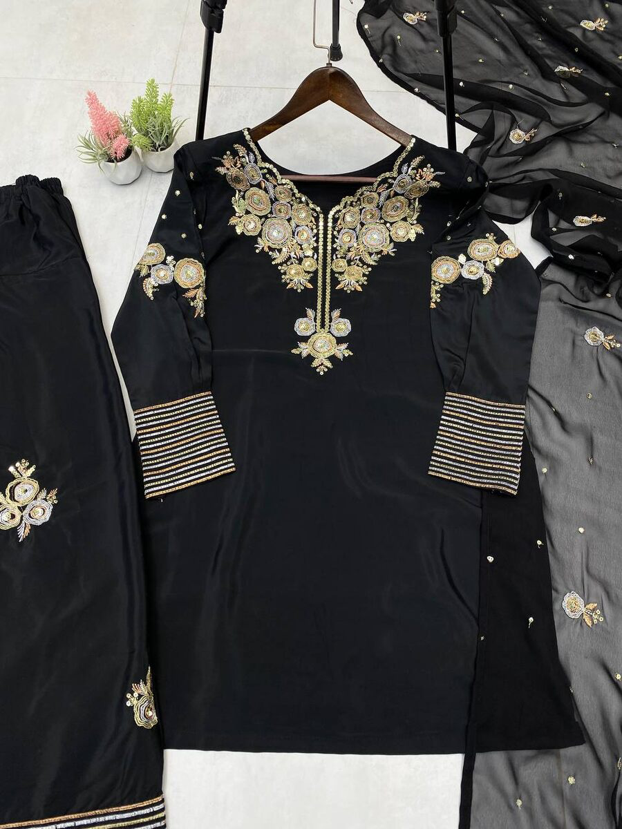 LATEST CREPE SILK SEQUENCE EMBROIDERY WORK TOP PATIYALA WITH DUPATTA BLACK