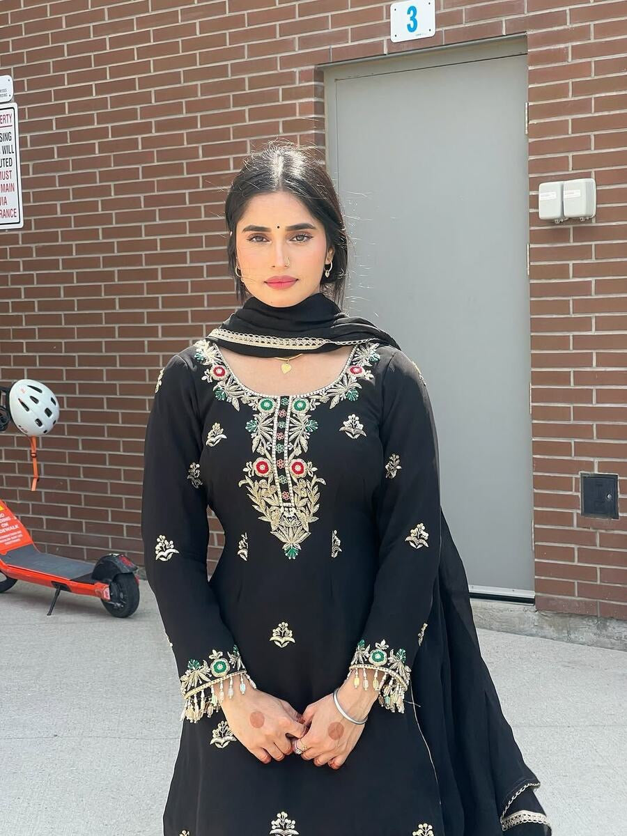 ATTRACTIVE CHINON SILK EMBROIDERY SEQUENCE WORK TOP SHARARA WITH DUPATTA BLACK