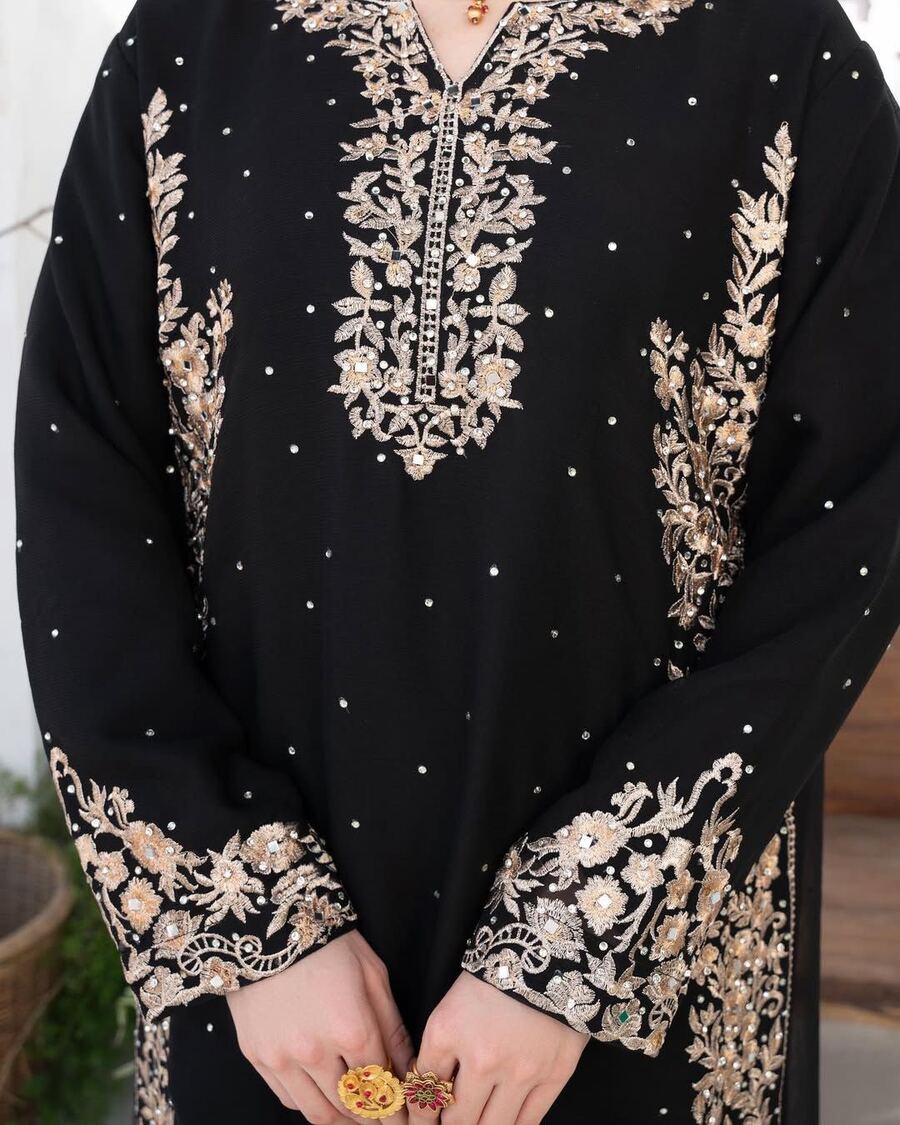 LATEST FAUX GEORGETTE EMBROIDERY AND RIVETED MOTI WORK TOP BOTTOM WITH DUPATTA BLACK