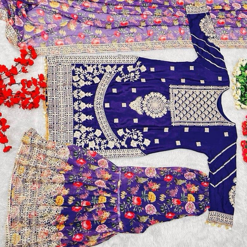 FASHIONABLE CHINON SILK CHINE SEQUENCE WORK TOP SHARARA WITH DUPATTA