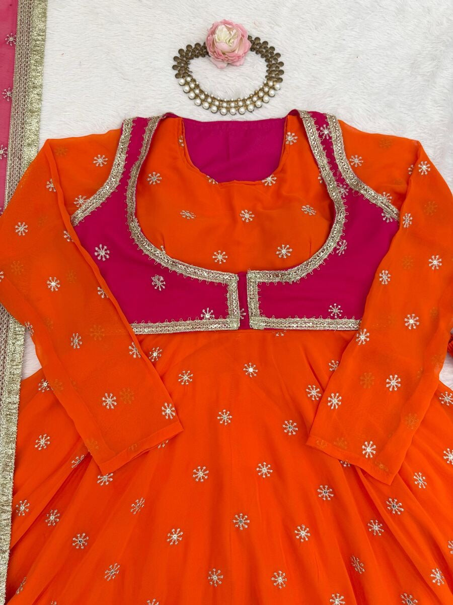 RICH LOOK GEORGETTE THREAD & SEQUENCE WORK ANARAKALI WITH KOTI ,BOTTOM AND DUPATTA ORANGE