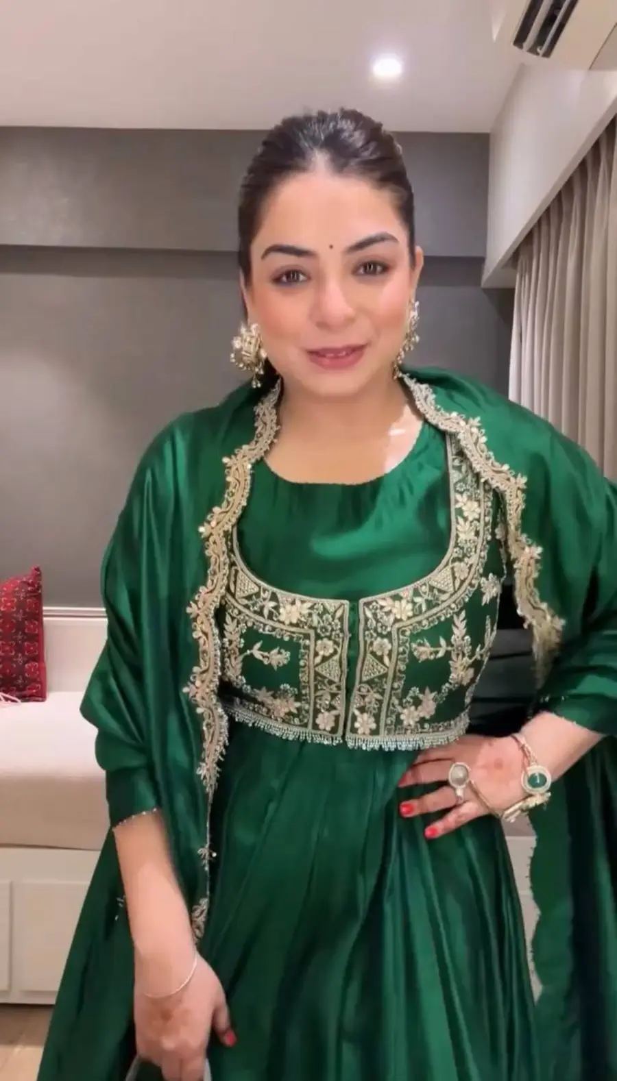 MODERN CHINON SILK EMBROIDERY SEQUENCE WORK GOWN KOTI WITH DUPATTA GREEN