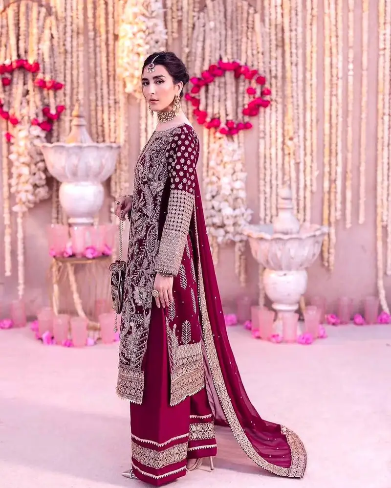 DESIGNER GEORGETTE CHAIN STITCH EMBROIDERY SEQUENCE WITH BEADS WORK TOP PALAZZO WITH DUPATTA PINK SIZE XL