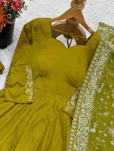 DESIGNER GERMAN CHIFFON EMBROIDERY SEQUENCE WORK GOWN PALAZZO WITH DUPATTA MEHNDI