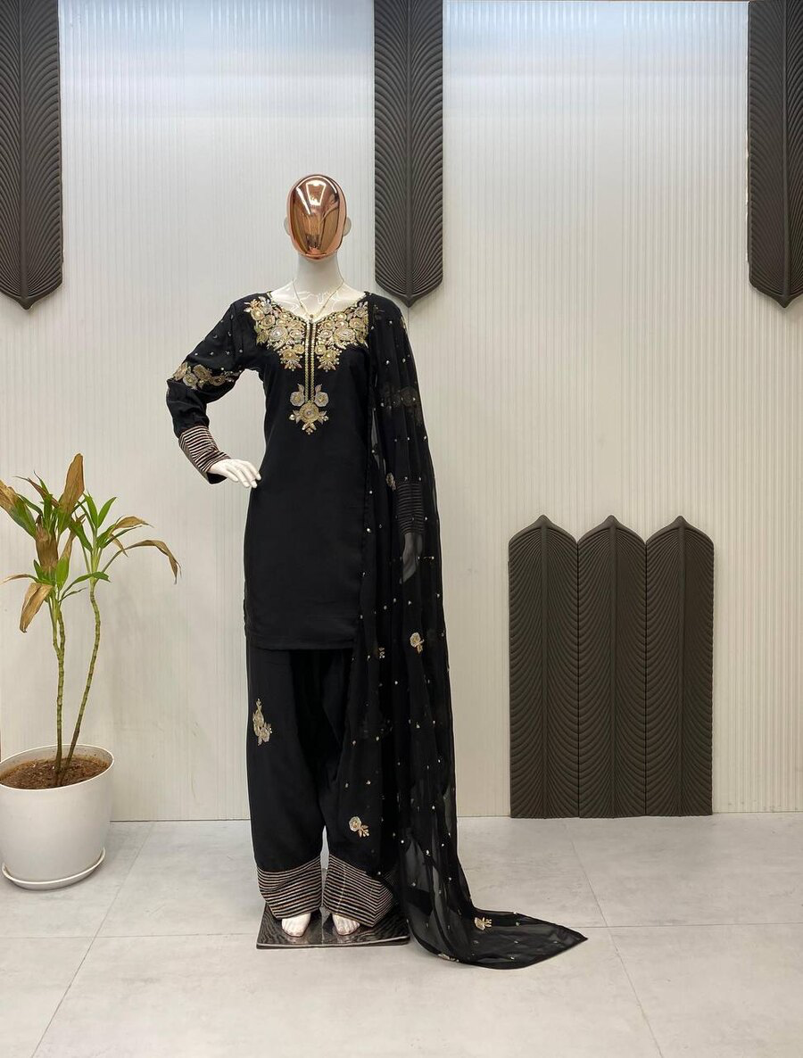LATEST CREPE SILK SEQUENCE EMBROIDERY WORK TOP PATIYALA WITH DUPATTA BLACK