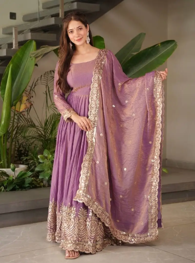 DESIGNER FENDY SILK EMBROIDERY SEQUENCE WORK GOWN WITH DUPATTA LAVENDER