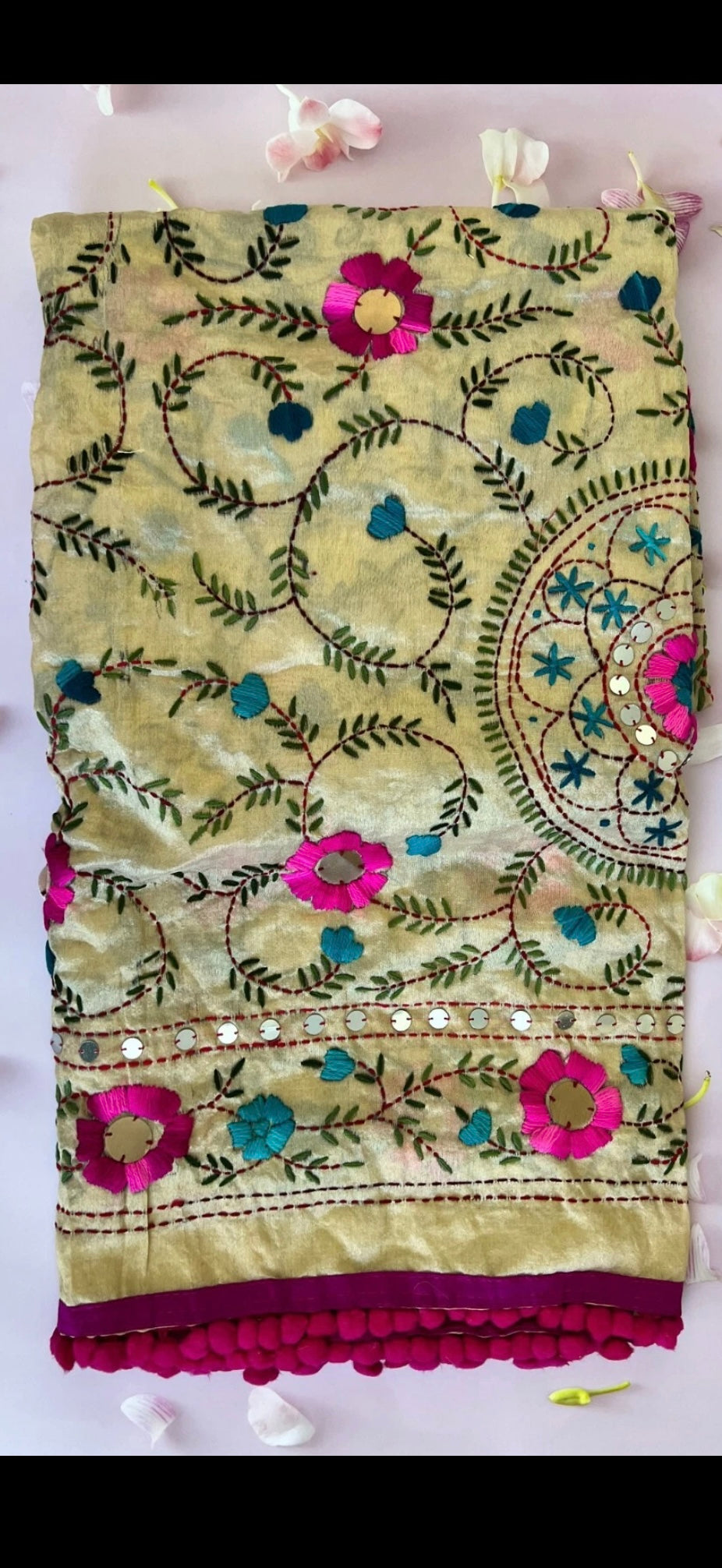 Beautiful Indain Mix Silk Route Handmade Phulkari Dupatta Embroidered Chanderi Scarf