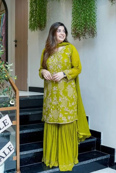 DESIGNER GEORGETTE EMBROIDERY SEQUENCE WORK TOP SHARARA WITH DUPATTA