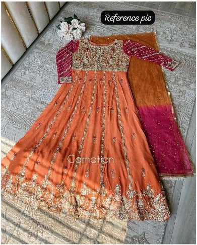 FANCY GEORGETTE SEQUENCE EMBROIDERY WORK GOWN WITH DUPATTA ORANGE