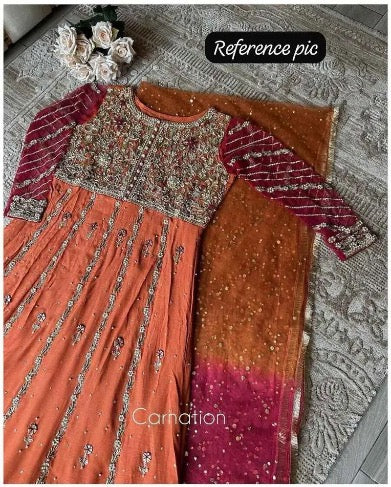 FANCY GEORGETTE SEQUENCE EMBROIDERY WORK GOWN WITH DUPATTA ORANGE