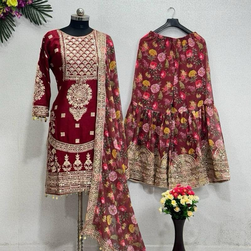 FASHIONABLE CHINON SILK CHINE SEQUENCE WORK TOP SHARARA WITH DUPATTA