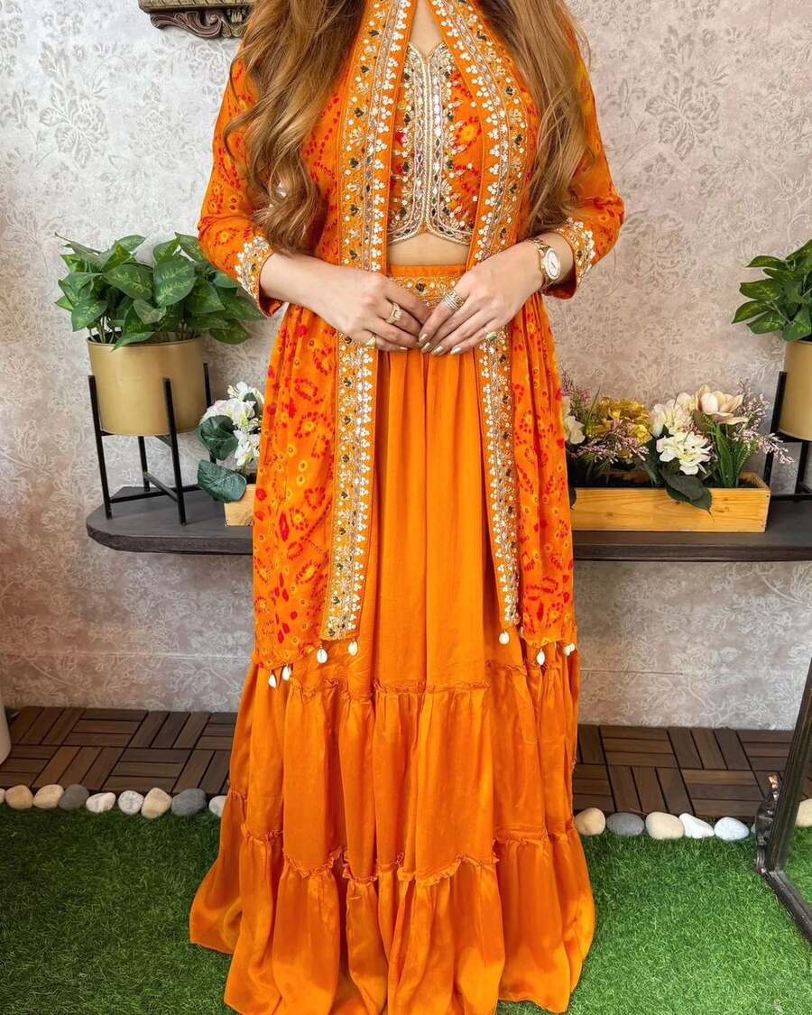 FASHIONABLE GEORGETTE EMBROIDERY SEQUENCE WORK LEHENGA CHOLI WITH KOTI SKY