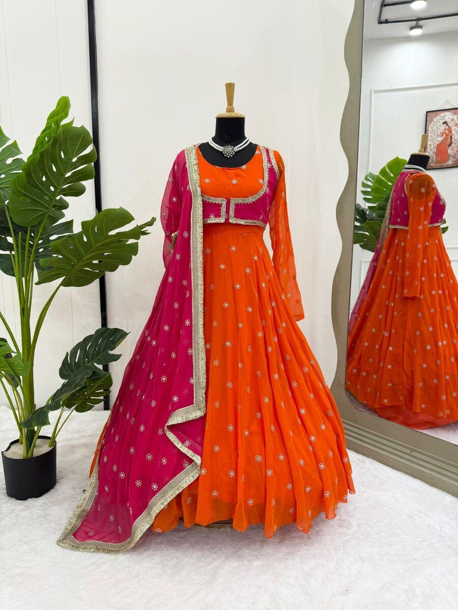 RICH LOOK GEORGETTE THREAD & SEQUENCE WORK ANARAKALI WITH KOTI ,BOTTOM AND DUPATTA ORANGE