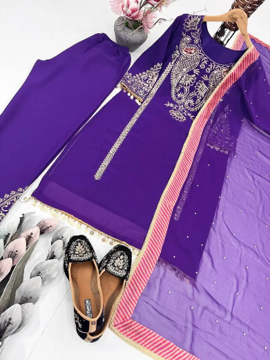 FANCY GEORGETTE EMBROIDERY SEQUENCE WORK WITH FANCY LACE BORDER WORK TOP BOTTOM WITH DUPATTA PUPRLE