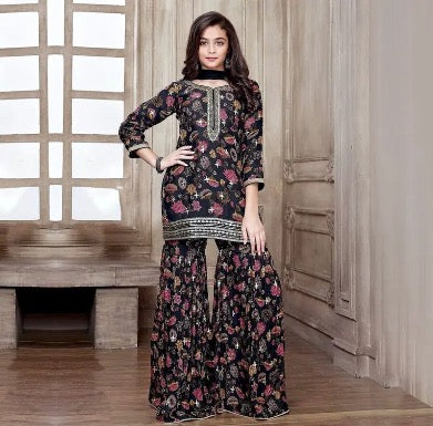 FANCY GEORGETTE DIGITAL PIRNT EMBROIDERY WORK TOP SHARARA WITH DUPATTA MOTHER DAUGHTER COMBO BROWN