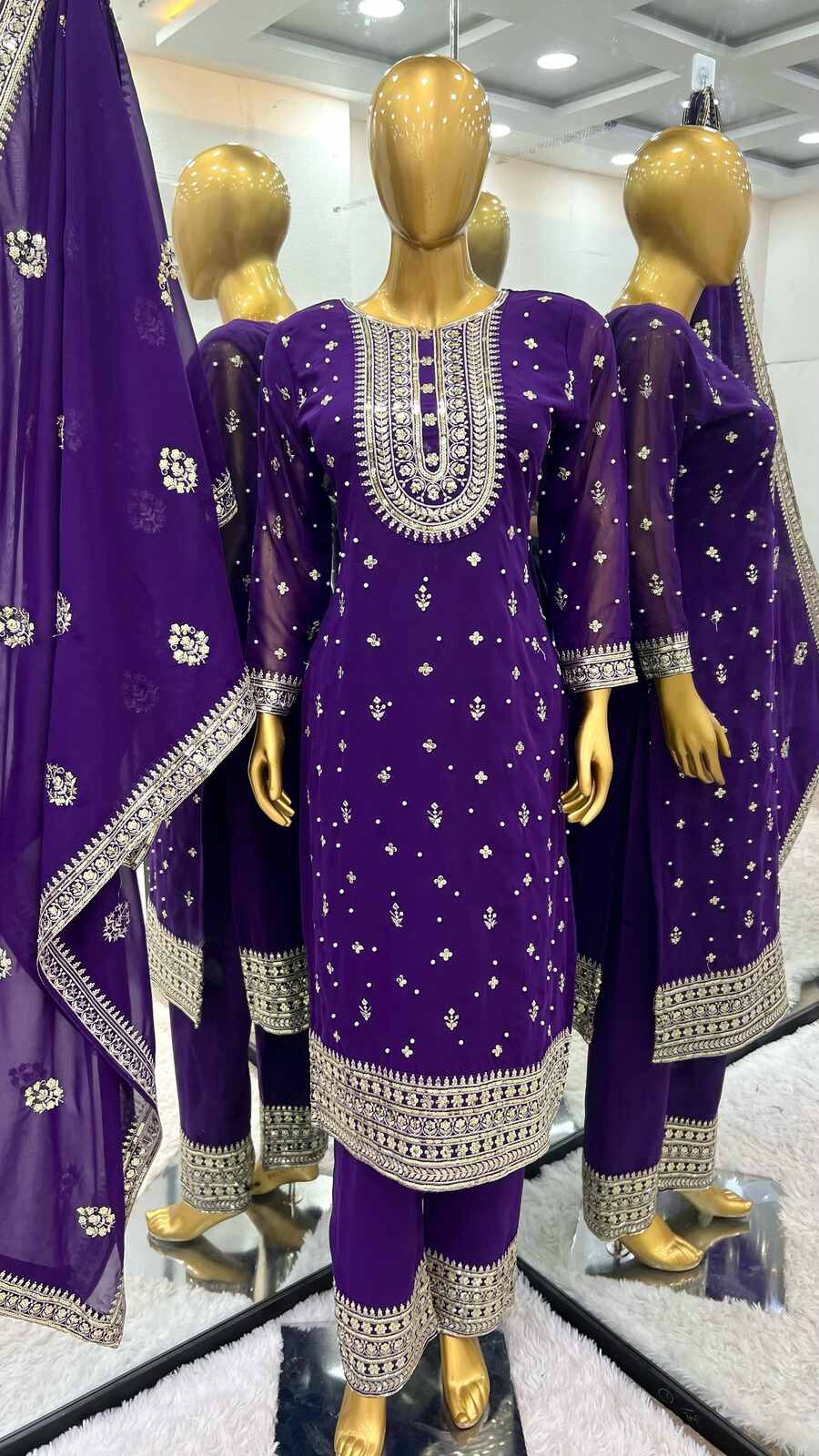 DESIGNER GEORGETTE EMBROIDERY SEQUENCE MOTI WORK TOP BOTTOM WITH DUPATTA PURPLE