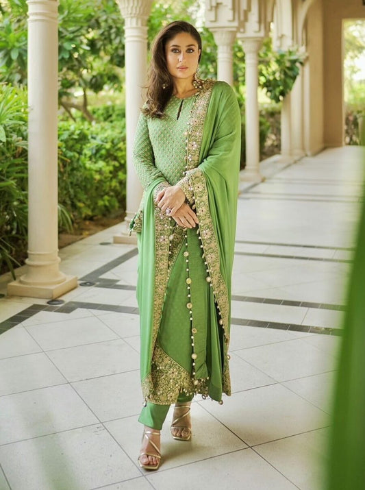 ATTRACTIVE GEORGETTE EMBROIDERY SEQUENCE WORK TOP BOTTOM WITH DUPATTA PARROT GREEN