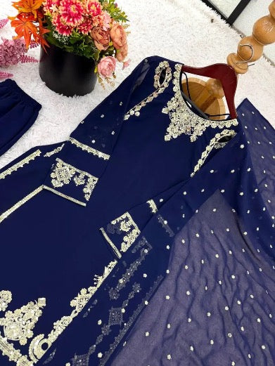 MODERN GEORGETTE EMBROIDERY SEQUENCE WORK TOP BOTTOM WITH DUPATTA BLUE