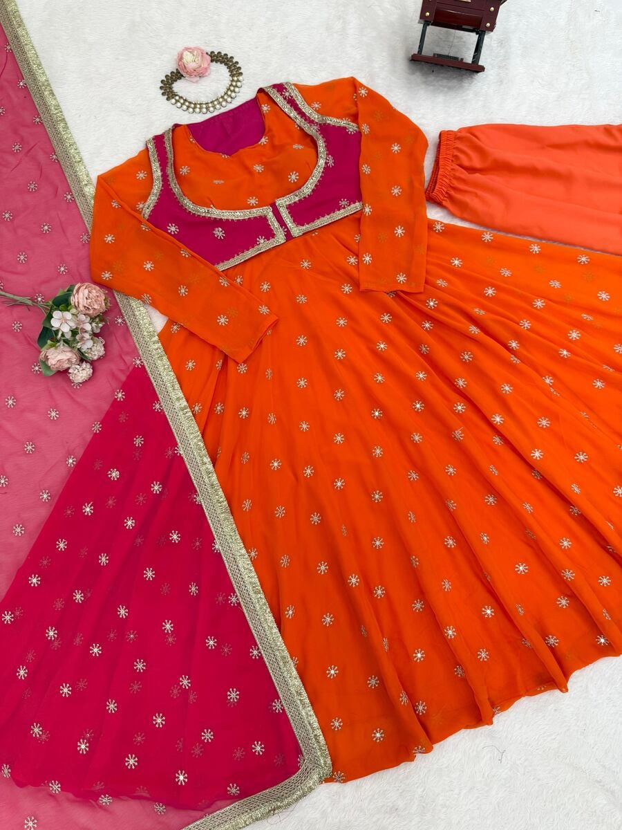 RICH LOOK GEORGETTE THREAD & SEQUENCE WORK ANARAKALI WITH KOTI ,BOTTOM AND DUPATTA ORANGE