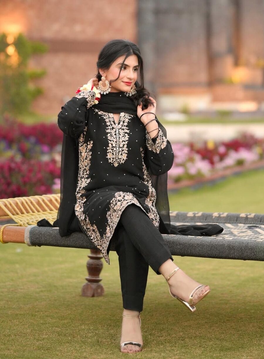 LATEST FAUX GEORGETTE EMBROIDERY AND RIVETED MOTI WORK TOP BOTTOM WITH DUPATTA BLACK