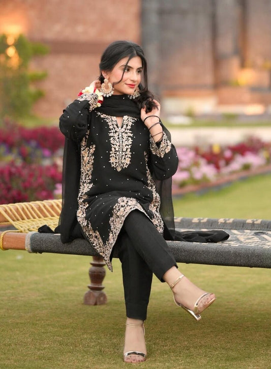 LATEST FAUX GEORGETTE EMBROIDERY AND RIVETED MOTI WORK TOP BOTTOM WITH DUPATTA BLACK