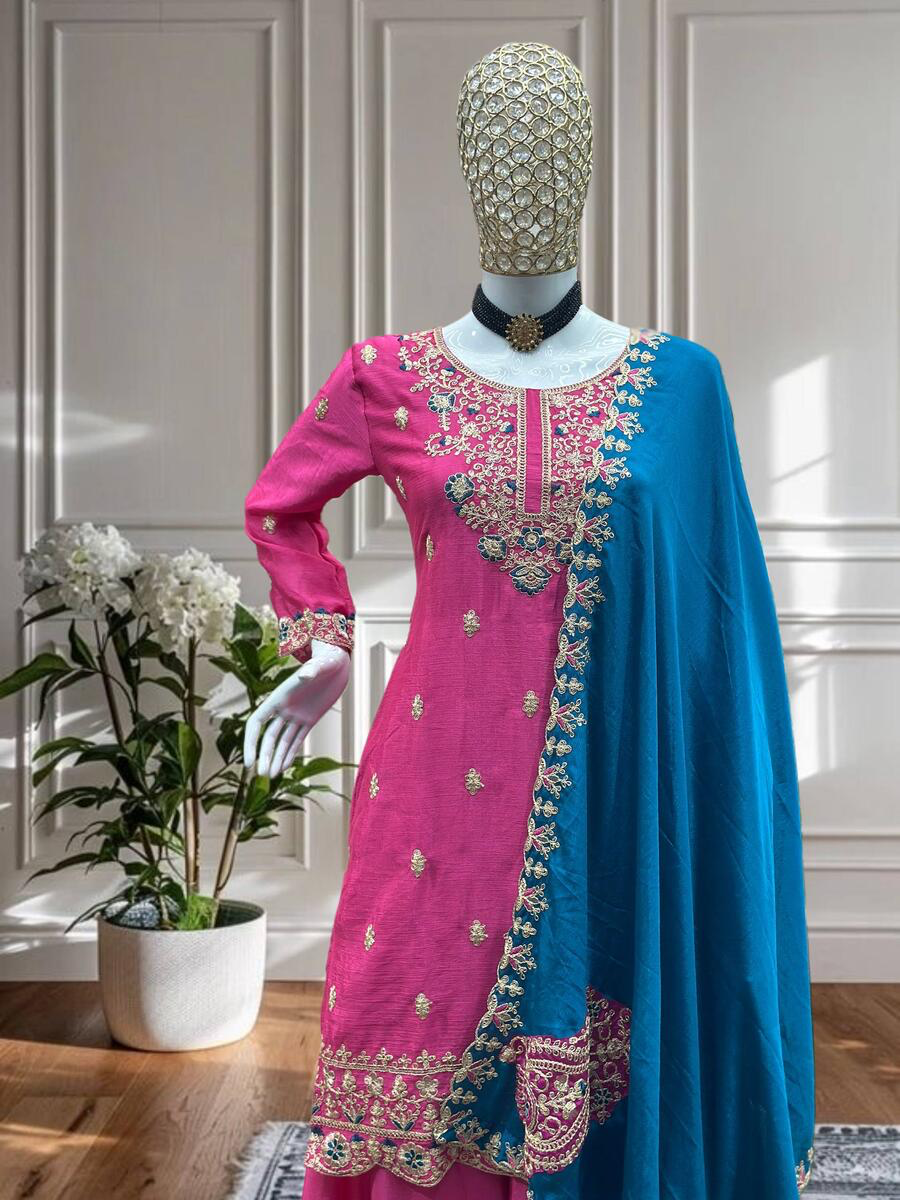 MODERN CHINON EMBROIDERY SEQUENCE CODING DESIGN WORK TOP PALAZZO WITH DUPATTA IN XL
