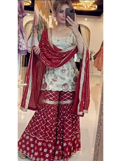 RICH LOOK CHINON SILK SEQUENCE EMBROIDERY WORK TOP SHARARA WITH DUPATTA RED