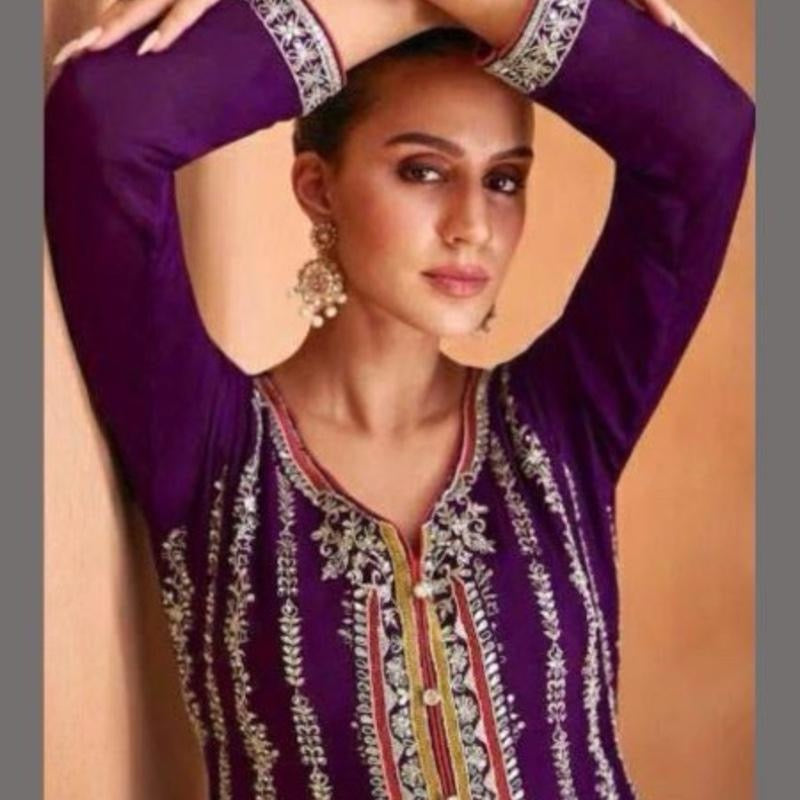 Indian Women's Purple Chinon Fully Stitched Suit Set - Clothing, Womenswear