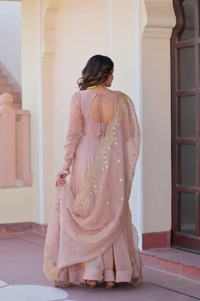 DESIGNER CHIFFON STITCHED GOWN WITH SEQUENCE ZARI EMBROIDERY CUT WORK DUPATTA IN PINK