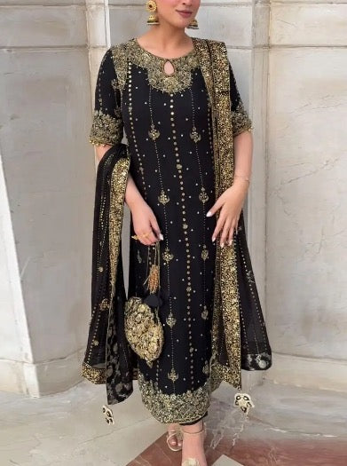 RICH LOOK GEORGETTE EMBROIDERY AND SEQUENCE WORK WITH LACE BORDER WORK TOP BOTTOM WITH DUPATTA BLACK
