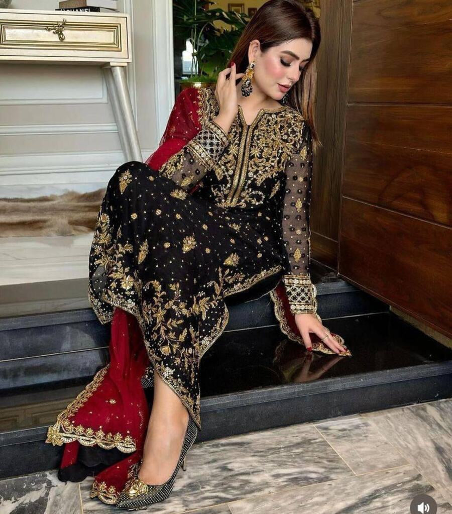 NEW ARRIVAL GEORGETTE SEQUENCE EMBROIDERY WORK TOP BOTTOM WITH DUPATTA BLACK