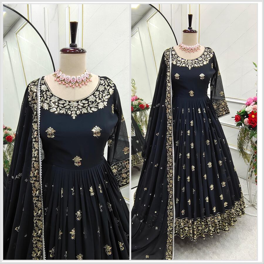 FANCY GEORGETTE EMBROIDERY SEQUENCE WORK GOWN BOTTOM WITH DUPATTA BLACK