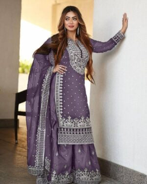 DESIGNER GEORGETTE EMBROIDERY SEQUENCE WORK TOP SHARARA WITH DUPATTA LAVENDER IN SIZE XXL