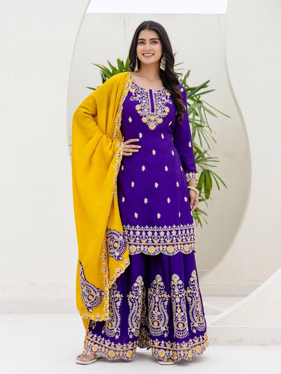 MODERN CHINON EMBROIDERY SEQUENCE CODING DESIGN WORK TOP PALAZZO WITH DUPATTA IN XL