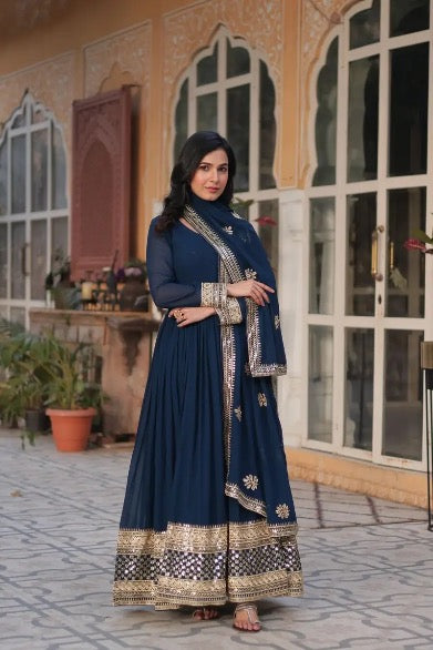 MOST PICKED BLOOMING GEORGETTE EMBROIDERY ZARI SEQUENCE WORK GOWN WITH DUPATTA MOREPEACH