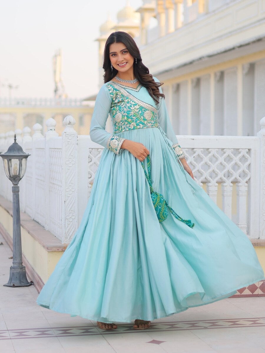 DESIGNER CHINON GOTA PATTI CODING AND BANDHEJ WORK ATTACHED KOTI STYLE GOWN WITH POTALI PURSE SKY BLUE