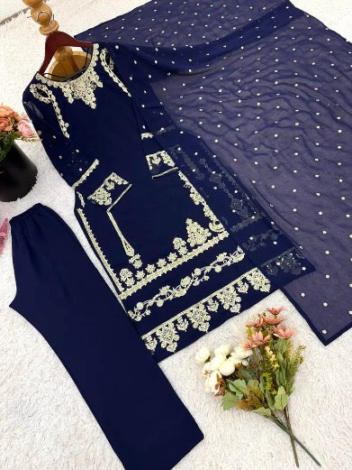 MODERN GEORGETTE EMBROIDERY SEQUENCE WORK TOP BOTTOM WITH DUPATTA BLUE