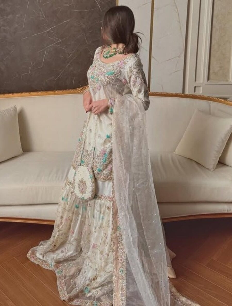 DESIGNER GEORGETTE SEQUENCE THREAD EMBROIDERY WOTK TOP SHARARA WITH DUPATTA OFF WHITE